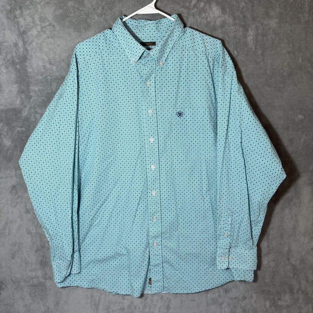Ariat Stretch Shirt Mens XXL Teal Blue Geometric Long Sleeve Western 2XL Cowboy